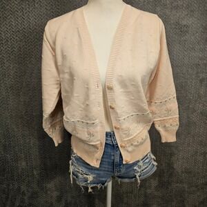 Cottagecore Grandmacore Cotton Pointelle Floral Fair Isle Cardigan Rose Buttons